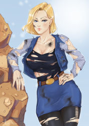 Rule 34 | 1girl, android 18, belt, blonde hair, blue eyes, blue skirt, blush, bob cut, breasts, cleavage, cowboy shot, dirty, dragon ball, dragonball z, earrings, female focus, floating hair, gradient background, groin, hand on own hip, hoop earrings, jacket, jewelry, large breasts, legs, light blush, light smile, looking at viewer, nipples, no bra, pantyhose, raglan sleeves, rock, short hair, simple background, skirt, smile, solo, standing, thighs, torn clothes, torn pantyhose