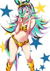 Rule 34 | 1girl, absurdres, animal ears, animal print, bare shoulders, bikini, boots, breasts, cleavage, cosplay, fake horns, fang, feet out of frame, fur bikini, hairband, hands up, highres, horns, horse ears, horse girl, horse tail, long hair, looking at viewer, lum, lum (cosplay), medium breasts, multicolored hair, navel, notice miura, open mouth, red eyes, rice shower (umamusume), skin fang, solo, standing, star (symbol), swimsuit, tail, tiger print, umamusume, urusei yatsura