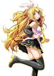 Rule 34 | 1girl, :o, aged up, ahoge, black footwear, black sailor collar, black skirt, black sleeves, blonde hair, blue eyes, blush, boots, breasts, commentary request, detached sleeves, from behind, future style (module), hair ornament, hair ribbon, hairclip, headset, highres, kagamine rin, leg up, long hair, long sleeves, looking at viewer, looking back, medium breasts, miniskirt, nail polish, neckerchief, open mouth, pleated skirt, ponytail, project diva (series), ribbon, sailor collar, school uniform, serafuku, shirt, simple background, skirt, solo, standing, standing on one leg, swept bangs, teeth, thigh boots, thighhighs, tsukishiro saika, upper teeth only, very long hair, vocaloid, white background, white ribbon, white shirt, yellow nails, yellow neckerchief, zettai ryouiki