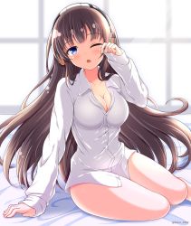 Rule 34 | 1girl, arm support, artist request, azur lane, bed, blue eyes, blush, breasts, brown hair, buttons, cleavage, collarbone, collared shirt, day, dress shirt, head tilt, headphones, highres, indoors, large breasts, long hair, long island (azur lane), long sleeves, looking at viewer, morning, naked shirt, no pants, one eye closed, open mouth, rubbing eyes, shirt, sidelocks, sitting, sleeves past wrists, solo, thighs, twitter username, waking up, window, yokozuwari