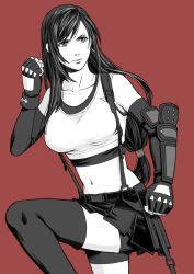Rule 34 | 1girl, asymmetrical bangs, bare shoulders, black bra, black gloves, black hair, black skirt, black thighhighs, bra, breasts, clenched hand, collarbone, cowboy shot, crop top, earrings, elbow gloves, elbow pads, fighting stance, final fantasy, final fantasy vii, final fantasy vii remake, fingerless gloves, gloves, hair between eyes, highres, jewelry, large breasts, leg up, long hair, looking to the side, low-tied long hair, midriff, monochrome, navel, red background, sd supa, shirt, shorts, shorts under skirt, skirt, sleeveless, sleeveless shirt, solo, sports bra, spot color, suspenders, thighhighs, tifa lockhart, underwear, white shirt