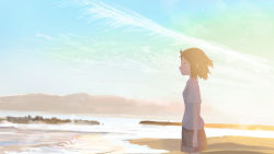 Rule 34 | 1girl, absurdres, bad id, bad pixiv id, banishment, blonde hair, brown shorts, cloud, commentary request, cowboy shot, day, from side, highres, looking afar, ocean, original, outdoors, profile, scenery, shirt, shore, short hair, short sleeves, shorts, solo, standing, waves, white shirt