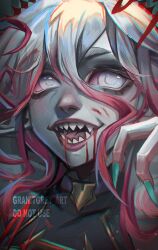 Rule 34 | 1girl, absurdres, artist name, blood, blood on face, blood on mouth, briar (league of legends), colored sclera, colored skin, fingernails, gradient hair, granitgrey art, green nails, grey hair, hair between eyes, highres, league of legends, long hair, multicolored hair, open mouth, pale skin, pink hair, portrait, red sclera, sharp fingernails, sharp teeth, smile, solo, teeth, two-tone hair, vampire, white eyes