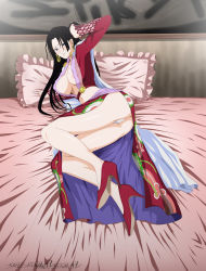 Rule 34 | 1girl, absurdres, ass, bed, black hair, blush, boa hancock, breasts, cleavage, female focus, high heels, highres, huge ass, large breasts, legs, long hair, long legs, lying, on side, one piece, panties, pantyshot, pillow, shoes, solo, stiky finkaz, thighs, underwear, upskirt, white panties