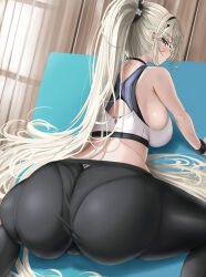 Rule 34 | 1girl, absurdly long hair, anti kumo, ass, ass focus, azur lane, black pants, blue eyes, breasts, from behind, grey hair, high ponytail, highres, indoors, large breasts, leaning forward, light blush, long hair, looking at viewer, looking back, official alternate costume, painleve (azur lane), painleve (team stretching) (azur lane), panties visible through clothes, pants, solo, sports bra, spread legs, tight clothes, tight pants, very long hair, white sports bra, yoga pants