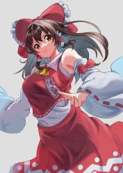 Rule 34 | 1girl, ascot, bare shoulders, between fingers, bow, breasts, brown eyes, brown hair, detached sleeves, frilled bow, frills, grey background, hair bow, hair tubes, hakurei reimu, henohenomoheji (nabe091500), highres, holding, large breasts, looking at viewer, ofuda, ofuda between fingers, red bow, red skirt, ribbon-trimmed sleeves, ribbon trim, serious, skirt, solo, touhou, v-shaped eyebrows, wide sleeves, yellow ascot