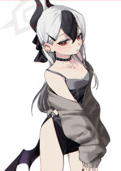 Rule 34 | 1girl, absurdres, black choker, black dress, black hair, black horns, black wings, blue archive, blush, breasts, choker, cleavage, closed mouth, collarbone, cowboy shot, demon horns, demon wings, dress, grey hair, grey halo, grey jacket, halo, highres, horns, jacket, kayoko (blue archive), kayoko (dress) (blue archive), long hair, long sleeves, multicolored hair, official alternate costume, open clothes, open jacket, red eyes, shi chimi, simple background, single wing, small breasts, solo, white background, wings