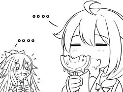 Rule 34 | 2girls, ahoge, braid, candy, commentary, crying, crying with eyes open, detached sleeves, drooling, fingerless gloves, food, gloves, greyscale, guin guin, hair between eyes, hair flaps, hair ornament, hair ribbon, hairclip, holding, kantai collection, lollipop, monochrome, monochrome, multiple girls, remodel (kantai collection), ribbon, school uniform, serafuku, shigure (kancolle), single braid, tears, yamakaze (kancolle)