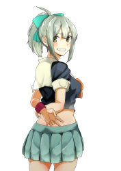 Rule 34 | 1girl, beige sailor collar, black shirt, bow, butt crack, commentary request, crop top, from behind, green hair, green skirt, grin, hair bow, kantai collection, long hair, looking at viewer, looking back, matetsu (nakayoshi sanfujinka), pleated skirt, ponytail, sailor collar, school uniform, serafuku, shirt, simple background, skirt, smile, solo, white background, wristband, yuubari (kancolle)