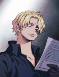 Rule 34 | 1boy, absurdres, black shirt, blonde hair, close-up, closed mouth, collared shirt, ezui, from below, gloves, highres, holding, holding paper, looking down, male focus, one piece, paper, sabo (one piece), scar, scar on face, shirt, short hair, solo, upper body