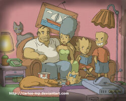 Rule 34 | 2boys, 3girls, absurdres, animification, antennae, arm around shoulder, artist name, baby, bald, bart simpson, blonde hair, blue hair, blush, bow, breasts, brother and sister, carlos-mp, cat, collar, colored sclera, colored skin, commentary, couch, crt, denim, denim shorts, dog, drawing (object), dress, english commentary, facial hair, family, father and daughter, father and son, food, green dress, hair bow, highres, homer simpson, indoors, jeans, jewelry, lamp, lisa simpson, long hair, maggie simpson, marge simpson, mother and daughter, mother and son, multiple boys, multiple girls, necklace, on couch, open mouth, pacifier, pants, pearl necklace, phone, popcorn, reading, red dress, red shirt, rug, shirt, short sleeves, shorts, siblings, sisters, sitting, small breasts, smile, spiked hair, studio ghibli (style), teeth, television, the simpsons, white shirt, yellow sclera, yellow skin
