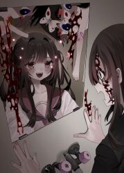 Rule 34 | 1girl, 2girls, absurdres, bandaid, bandaid on leg, barefoot, blood, blood on face, blood on mirror, blush, brown hair, bug, commentary request, different reflection, hanataro (sruvhqkehy1zied), highres, indoors, insect, long hair, looking at mirror, mirror, moth, multiple girls, open mouth, original, pink sailor collar, red eyes, reflection, sailor collar, school uniform, shirt, smile, solo, surprised, two side up, upper body, white shirt