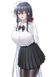 Rule 34 | 1girl, absurdres, ahoge, arms behind back, azur lane, black bow, black bowtie, black pantyhose, black skirt, bow, bowtie, bra, bra visible through clothes, breasts, collared shirt, commentary request, crossed bangs, dress shirt, hair between eyes, hair intakes, highres, huge breasts, kirin3145, long sleeves, looking at viewer, loose bowtie, miniskirt, official alternate costume, one eye closed, open mouth, pantyhose, pleated skirt, red eyes, school uniform, see-through, see-through shirt, shirt, shirt tucked in, simple background, skirt, solo, taihou (azur lane), taihou (sweet time after school) (azur lane), tented shirt, underwear, white background, white bra, white shirt