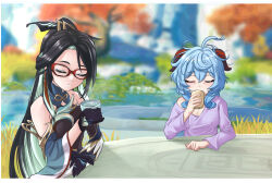 Rule 34 | 2girls, ahoge, bare shoulders, black gloves, black hair, blue hair, blurry, blurry background, breasts, closed eyes, cloud retainer (genshin impact), colored inner hair, commentary, cup, detached sleeves, drinking, english commentary, ganyu (genshin impact), genshin impact, glasses, gloves, green hair, highres, holding, holding cup, humanization, long hair, long sleeves, luizhtx, medium breasts, messy hair, multicolored hair, multiple girls, outdoors, purple shirt, red-framed eyewear, shirt, very long hair, xianyun (genshin impact)