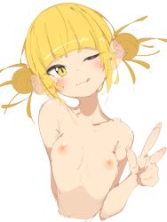 Rule 34 | 1girl, blonde hair, blush, boku no hero academia, breasts, closed mouth, commentary, double bun, hair bun, hand up, head tilt, licking lips, looking at viewer, nipples, nude, one eye closed, rasusurasu, simple background, small breasts, solo, toga himiko, tongue, tongue out, upper body, v, white background, yellow eyes