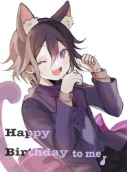 Rule 34 | 1boy, :d, alternate costume, animal ears, bow, cat boy, cat ears, cat tail, commentary request, cowboy shot, danganronpa (series), danganronpa v3: killing harmony, ebi (raruharura10), hair between eyes, hands up, happy birthday, highres, jacket, large bow, long sleeves, looking at viewer, male focus, one eye closed, open mouth, oma kokichi, pink bow, purple eyes, purple jacket, shirt, simple background, smile, solo, tail, teeth, upper teeth only, white background