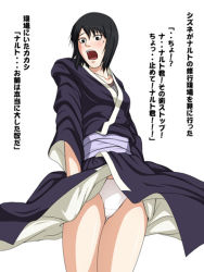 Rule 34 | 1girl, black eyes, black hair, blush, female focus, japanese clothes, legs, naruto, naruto (series), open mouth, panties, pantyshot, shizune (naruto), simple background, solo, surprised, sweatdrop, tk (tk&#039;s level4), translation request, underwear, white background, white panties, wind, wind lift