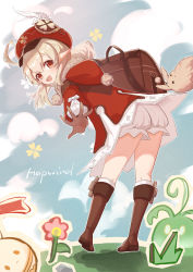 Rule 34 | 1girl, absurdres, ahoge, ass, bag, bent over, blonde hair, bloomers, blush, boots, dodoco (genshin impact), dress, from behind, genshin impact, gloves, hapwind, hat, highres, klee (genshin impact), leaning, leaning forward, long hair, looking at viewer, low twintails, open mouth, pointy ears, red dress, red eyes, short dress, smile, twintails, underwear