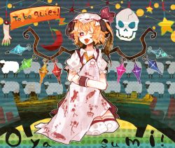 Rule 34 | 1girl, ascot, bad id, bad pixiv id, blanket, blonde hair, blush, cheep, crescent, english text, engrish text, fang, flandre scarlet, hat, hat ribbon, highres, itomugi-kun, one eye closed, open mouth, ranguage, red eyes, ribbon, sheep, short hair, short sleeves, side ponytail, skirt, skull, smile, solo, star (symbol), text focus, thighhighs, tongue, tongue out, touhou, white thighhighs, wings, wink