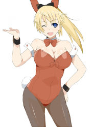 Rule 34 | 1girl, 841 (chinchilla), animal ears, blonde hair, blue eyes, fake animal ears, freckles, katharine ohare, leotard, long hair, one eye closed, pantyhose, playboy bunny, ponytail, rabbit ears, solo, strike witches, strike witches: suomus misfits squadron, wink, world witches series