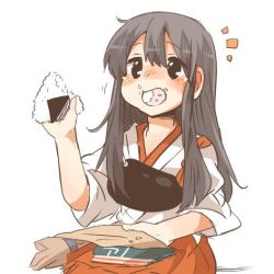 Rule 34 | 10s, 1girl, akagi (kancolle), bad id, bad twitter id, black eyes, black hair, eating, food, food in mouth, food on face, kantai collection, long hair, lowres, onigiri, open mouth, rebecca (keinelove), solo