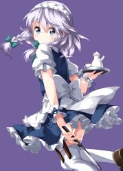 Rule 34 | 1girl, apron, blue dress, blue eyes, blush, bow, braid, brown footwear, commentary request, cup, dress, feet out of frame, frilled apron, frills, green bow, hair between eyes, hair bow, highres, holding, holding knife, holding tray, holding weapon, izayoi sakuya, knife, maid, maid apron, maid headdress, petticoat, puffy short sleeves, puffy sleeves, purple background, ruu (tksymkw), shirt, shoes, short hair, short sleeves, silver hair, simple background, solo, teacup, teapot, thigh strap, thighhighs, thighs, touhou, tray, twin braids, waist apron, weapon, white apron, white shirt, white thighhighs, zettai ryouiki