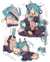 Rule 34 | 1girl, :3, all fours, animal ears, aqua eyes, aqua hair, aqua nails, ass, ass focus, bare shoulders, black skirt, blue necktie, blush, boots, cat ears, cat tail, collared shirt, detached sleeves, fingernails, hair ornament, hatsune miku, heart, highres, kemonomimi mode, long hair, motion lines, multiple views, navel, necktie, one eye closed, otintin, panties, pleated skirt, shirt, simple background, sitting, skirt, sleeveless, sleeveless shirt, striped clothes, striped panties, tail, thigh boots, top-down bottom-up, trembling, twintails, underwear, very long hair, vocaloid, white background