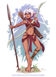 Rule 34 | 1girl, ankle lace-up, anklet, barefoot, bow (weapon), braid, commission, cross-laced footwear, dark-skinned female, dark elf, dark skin, elf, jewelry, loincloth, maxa&#039;, navel, original, pointy ears, polearm, quiver, short hair, side braid, single sleeve, spear, standing, standing on one leg, tan, tattoo, tribal, weapon, white hair, yellow eyes
