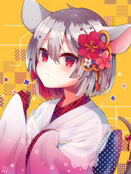 Rule 34 | 1girl, :&lt;, animal ears, black gloves, blue flower, chinese zodiac, closed mouth, commentary request, ebihara beniko, flower, gloves, grey hair, hair between eyes, hair flower, hair ornament, hand up, highres, japanese clothes, kimono, long sleeves, looking at viewer, mouse ears, mouse girl, mouse tail, multicolored hair, obi, original, pink flower, red eyes, red flower, red hair, sash, see-through, sleeves past wrists, solo, tail, two-tone hair, white flower, white kimono, wide sleeves, year of the rat, yellow background