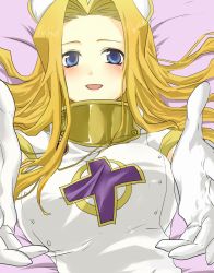Rule 34 | 1girl, blonde hair, blue eyes, blush, breasts, cross, gloves, hair intakes, hat, kosumo (lila), large breasts, long hair, mint adenade, outstretched hand, smile, solo, tales of (series), tales of phantasia, white gloves