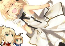 Rule 34 | 3girls, :d, ^ ^, ahoge, artoria pendragon (all), artoria pendragon (fate), bare shoulders, black ribbon, blonde hair, blush, breasts, chibi, chibi inset, closed eyes, detached collar, dress, dutch angle, facing viewer, fate/apocrypha, fate/grand order, fate/stay night, fate/unlimited codes, fate (series), gloves, green eyes, hand up, jitome, looking at another, medium breasts, mordred (fate), mordred (fate/apocrypha), multiple girls, open mouth, parted lips, ponytail, ribbon, saber (fate), saber lily, shiime, simple background, smile, solo focus, white background, white dress, white gloves