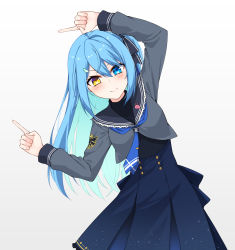 Rule 34 | 1girl, black ribbon, blue eyes, blue hair, blue necktie, blush, commentary, frilled shirt collar, frills, hair between eyes, hair ornament, hair ribbon, hairclip, healther, heterochromia, highres, leaning to the side, long hair, long sleeves, looking at viewer, necktie, original, pointing, ribbon, simple background, smile, solo, symbol-only commentary, white background, yellow eyes