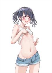 Rule 34 | 1girl, @ @, blue hair, blush, breasts, canizza, canizza, clothes lift, cowboy shot, dark blue hair, denim, denim shorts, fangs, fukumaru koito, groin, highres, idolmaster, idolmaster shiny colors, lifted by self, navel, shirt lift, short shorts, shorts, simple background, skin fangs, small breasts, solo, tank top, tearing up, tears, twintails, underboob, v, wavy hair, wavy mouth, white background, white tank top