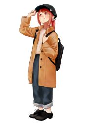 Rule 34 | 1girl, backpack, bad id, bad pixiv id, bag, black footwear, black hat, blush, brown jacket, brown shirt, cherry blossoms, closed mouth, denim, full body, hand on headwear, hat, jacket, jeans, komuzuka, long sleeves, looking up, low ponytail, open clothes, open jacket, pants, red eyes, red hair, shirt, simple background, smile, socks, solo, standing, white background, white socks, yuuki yuuna, yuuki yuuna wa yuusha de aru, yuusha de aru