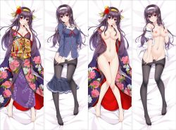 Rule 34 | 1girl, bakugadou, bare legs, barefoot, bed sheet, black hair, black pantyhose, black skirt, blush, bottomless, breasts, brown eyes, buttons, cameltoe, cleavage, cleft of venus, closed mouth, clothes pull, collarbone, dakimakura (medium), feet, floral print, flower, full body, gluteal fold, groin, hair between eyes, hair flower, hair ornament, hairband, hand on own chest, hand to own mouth, japanese clothes, kasumigaoka utaha, kimono, knees together feet apart, long hair, long sleeves, looking at viewer, lying, medium breasts, multiple views, naked kimono, navel, nipples, no shoes, obi, on back, open clothes, open kimono, panties, pantyhose, pantyhose pull, parted lips, pleated skirt, print kimono, pulled by self, pussy, saenai heroine no sodatekata, sailor collar, sash, school uniform, short sleeves, sidelocks, skirt, skirt around one leg, smile, stomach, thigh gap, toes, uncensored, underwear, white panties