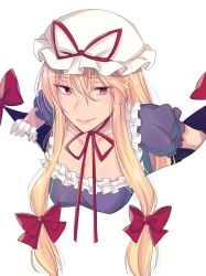 Rule 34 | 1girl, asa (coco), blonde hair, bow, breasts, choker, cleavage, commentary request, dress, frills, gap (touhou), gloves, hair between eyes, hair bow, hanging breasts, hat, hat ribbon, large breasts, long hair, looking at viewer, mob cap, one-hour drawing challenge, puffy short sleeves, puffy sleeves, purple dress, red bow, red choker, red eyes, red ribbon, ribbon, ribbon choker, short sleeves, sidelocks, simple background, smile, solo, touhou, upper body, white background, white gloves, white hat, yakumo yukari