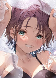 Rule 34 | 1girl, absurdres, aqua eyes, aqua hair, asakura toru, bare shoulders, black tank top, blush, collarbone, commentary request, earrings, gradient hair, grey hair, grin, highres, idolmaster, idolmaster shiny colors, jewelry, looking at viewer, multicolored hair, nail art, parted bangs, portrait, puni (punycolors), short hair, smile, solo, spaghetti strap, tank top, two-tone hair, upper body, veil
