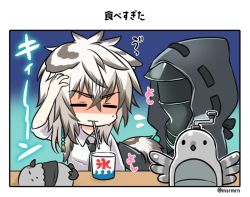 Rule 34 | 2boys, animal, animal ears, arknights, arm up, bad id, bad pixiv id, bird, black jacket, black neckwear, brain freeze, closed eyes, closed mouth, collared shirt, cup, disposable cup, doctor (arknights), food, grey hair, hand on own head, hood, hood up, hooded jacket, jacket, leopard ears, leopard tail, male focus, mashiro miru, mouth hold, multicolored hair, multiple boys, necktie, open clothes, open jacket, shaded face, shaved ice, shirt, short sleeves, silverash (arknights), silverash (elite ii) (arknights), sweat, tail, tenzin (arknights), translation request, twitter username, two-tone hair, utensil in mouth, white hair, white shirt