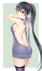 Rule 34 | 10s, 1girl, asymmetrical legwear, backless dress, backless outfit, bare back, black hair, blue background, blush, border, breasts, cowboy shot, dress, hair between eyes, halterneck, ichinomiya (blantte), kantai collection, long hair, looking at viewer, medium breasts, meme attire, naked sweater, outside border, pink scrunchie, ponytail, red eyes, scrunchie, sideboob, simple background, single thighhigh, solo, sweater, sweater dress, thighhighs, uneven legwear, very long hair, virgin killer sweater, white border, yahagi (kancolle)