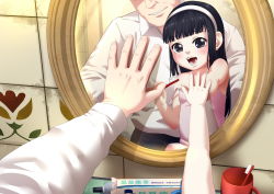 Rule 34 | 1boy, 1girl, absurdres, artist request, black hair, child, highres, mirror, reflection, sitting, sitting on lap, sitting on person, smile, tagme, tooth brush