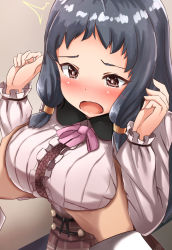 Rule 34 | ^^^, 10s, 1girl, alternate costume, black hair, blush, grabbing another&#039;s breast, breasts, brown eyes, clenched hand, commentary request, embarrassed, eyebrows, grabbing, hizyon, idolmaster, idolmaster cinderella girls, large breasts, long hair, long sleeves, low twintails, meme attire, ohnuma kurumi, open mouth, solo focus, twintails, virgin killer outfit