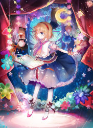 Rule 34 | 1girl, alice margatroid, alice margatroid (pc-98), ankle ribbon, apron, blonde hair, blue eyes, book, capelet, character doll, crescent moon, curtains, dress, expressionless, facing away, flower, glowing, hair ribbon, hairband, hanging, kazu (muchuukai), leg ribbon, long hair, long sleeves, moon, open book, outstretched arm, pantyhose, puppet strings, ribbon, sash, shanghai doll, short hair, short sleeves, solo, star (symbol), suspenders, touhou, touhou (pc-98), waist apron, white pantyhose, wrist cuffs, wrist ribbon