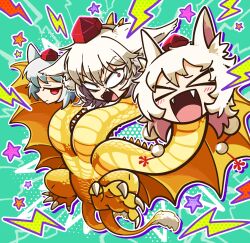Rule 34 | 3girls, amerika zarigani, animal ears, bags under eyes, blue background, blush, closed eyes, commentary request, cookie (touhou), dragon, fangs, full body, godzilla (series), hat, highres, inu (cookie), inubashiri momiji, king ghidorah, kuso inu (cookie), looking at viewer, medium bangs, multiple girls, multiple heads, open mouth, pom pom (clothes), red eyes, red headwear, short hair, smile, star (symbol), tokin hat, touhou, v-shaped eyebrows, web (cookie), white hair, wolf ears