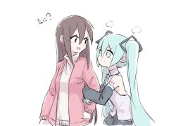 Rule 34 | 2girls, puff of air, aqua hair, aqua necktie, bare shoulders, black skirt, black sleeves, blush, brown hair, detached sleeves, grey shirt, hair ornament, hatsune miku, holding own arm, jacket, leaning forward, light blush, long hair, looking at another, master (vocaloid), multiple girls, necktie, nejikyuu, open mouth, pink jacket, shirt, shoulder tattoo, skirt, sleeveless, sleeveless shirt, sweater, tattoo, turtleneck, turtleneck sweater, twintails, upper body, very long hair, vocaloid, white background, white shirt, white sweater