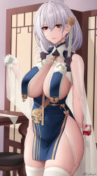 Rule 34 | 1girl, absurdres, arm behind back, azur lane, bare shoulders, blush, braid, breast curtains, breasts, china dress, chinese clothes, cleavage, dress, flower, garter straps, gloves, grey dress, hair flower, hair ornament, half gloves, highres, large breasts, looking at viewer, neckwear between breasts, official alternate costume, pelvic curtain, red eyes, revealing clothes, short hair, side braid, sirius (azur lane), sirius (azure horizons) (azur lane), solo, thighhighs, thighs, white gloves, white hair, white thighhighs, zaphn