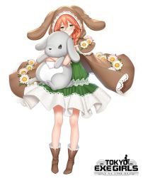 Rule 34 | 1girl, animal, animal hood, bad id, bad pixiv id, blush, boots, braid, brown cape, brown footwear, brown hood, rabbit, rabbit hood, cape, copyright name, dress, flower, green dress, green eyes, hair between eyes, highres, holding, holding animal, hood, logo, looking at viewer, official art, re:shimashima, red hair, simple background, standing, straight-on, tachi-e, tokyo exe girls, watermark, white background