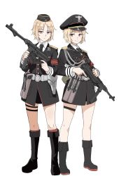 Rule 34 | 2girls, absurdres, aiguillette, ammunition belt, belt, black footwear, black hat, black jacket, black neckwear, blonde hair, boots, brown eyes, closed mouth, commentary request, dress shirt, epaulettes, frown, garrison cap, girls&#039; frontline, gun, hat, highres, holding, holding gun, holding weapon, holster, insignia, jacket, knee boots, korean commentary, long sleeves, looking at viewer, military, military hat, military uniform, mp40, mp40 (girls&#039; frontline), multiple girls, necktie, peaked cap, red legwear, shirt, short hair, simple background, smile, socks, standing, submachine gun, thigh strap, uniform, wani (perfect han), weapon, white background, white belt, white shirt, wing collar