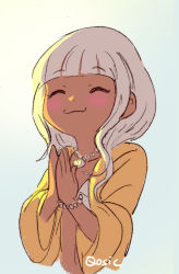 Rule 34 | 1girl, artist name, blue eyes, blunt bangs, blush, bracelet, closed eyes, closed mouth, collarbone, commentary, cropped torso, danganronpa (series), danganronpa v3: killing harmony, dark-skinned female, dark skin, grey background, hands up, jacket, jewelry, long hair, necklace, own hands together, pearl necklace, qosic, sketch, smile, solo, yellow jacket, yonaga angie