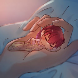 Rule 34 | 1girl, 1other, ambiguous gender, berotore, blanket, blanket grab, breasts, cleavage, closed eyes, commentary request, hair down, highres, hololive, houshou marine, long hair, lying, mini person, minigirl, navel, on person, on side, panties, parted lips, red hair, sleeping, underwear, virtual youtuber