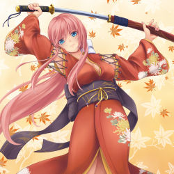 Rule 34 | 1girl, alternate costume, alternate hairstyle, autumn leaves, bit (keikou syrup), blue eyes, bow, breasts, cleavage, closed mouth, cowboy shot, floral print, hair bow, holding, holding sword, holding weapon, japanese clothes, kimono, lipstick, long hair, looking at viewer, low ponytail, makeup, megurine luka, nail polish, obi, pink hair, pink nails, print kimono, sash, sheath, solo, sword, unsheathing, vocaloid, weapon, white bow